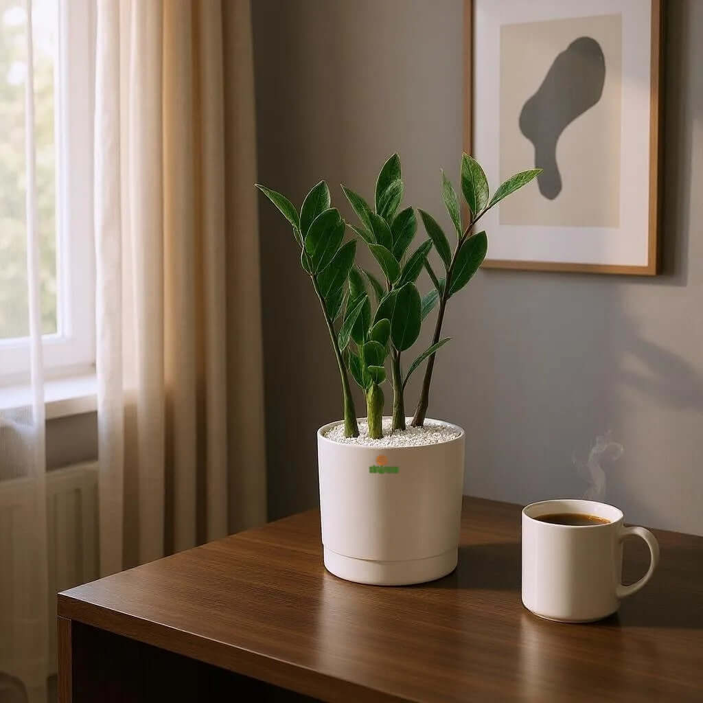 ZZ Plant in a white zen pot on a wooden table, perfect indoor plant for homes and offices, low maintenance care.