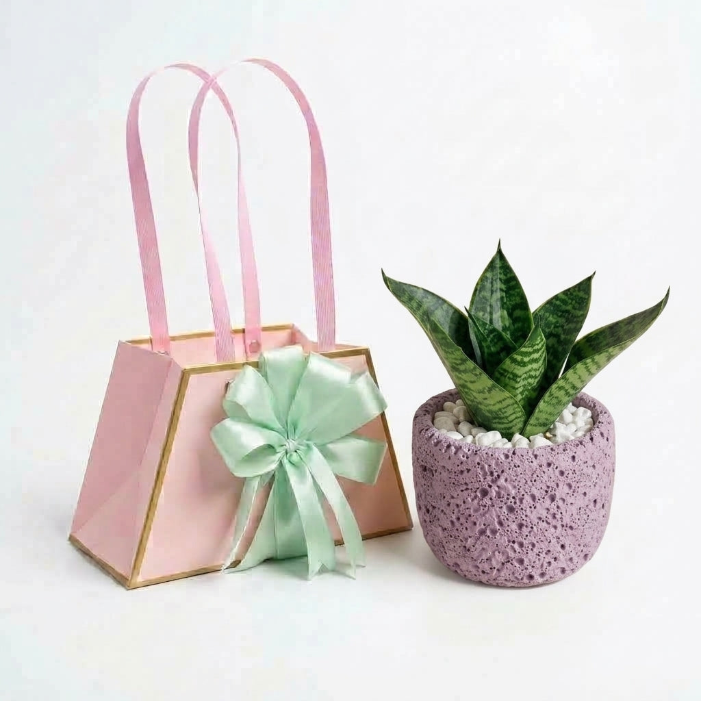 Premium Gift Bag With Hand crafted Pot and Easy Care Snake Plant - Best For Gift!