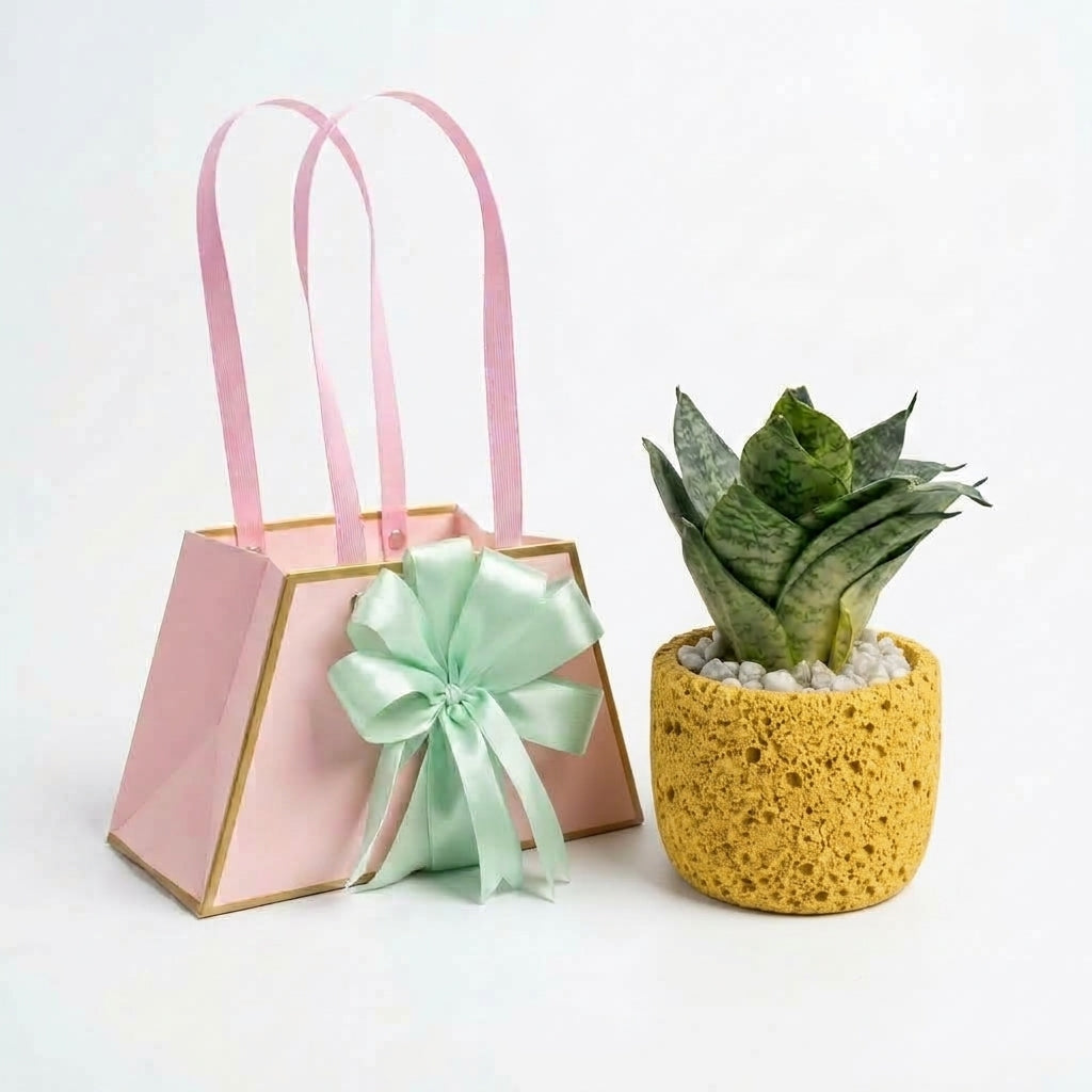 Premium Gift Bag With Hand crafted Pot and Easy Care Snake Plant - Best For Gift!