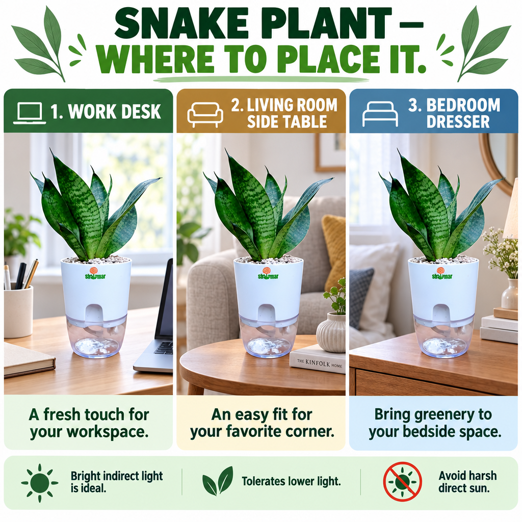 Snake plant placement guide: work desk, living room side table and bedroom dresser