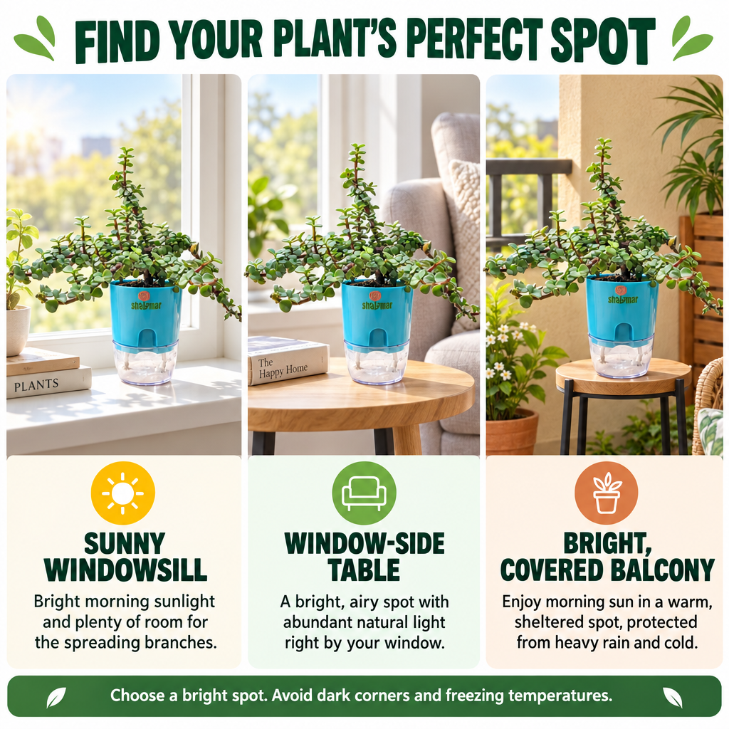 Jade plant placement guide: sunny windowsill, window-side table and covered balcony