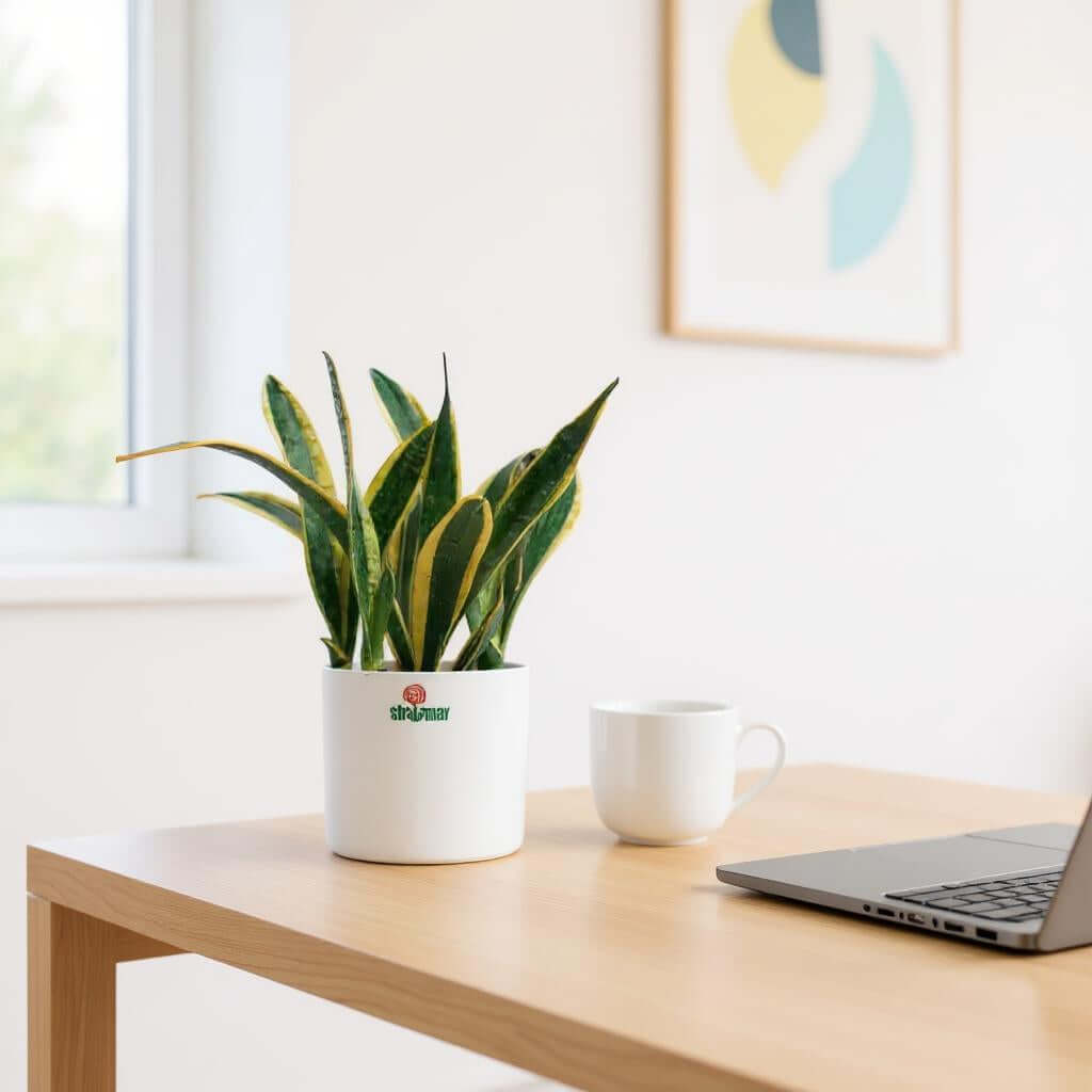 Snake plant in a white zen pot on a wooden desk, perfect indoor low maintenance plant for homes and offices.