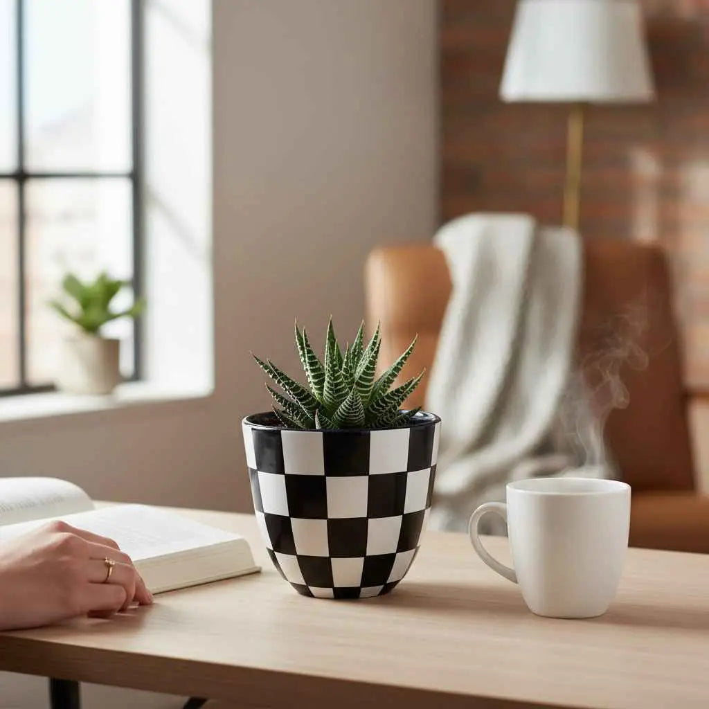 Oil painted Terracotta Pot Checkered