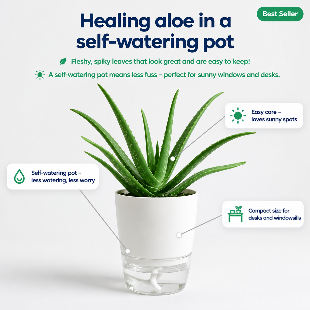 Aloe vera in Self Watering Pot - key features infographic