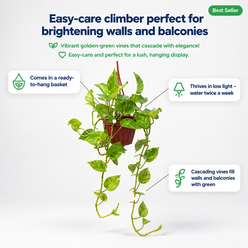 Pothos Variegated in Hanging Basket - key features infographic