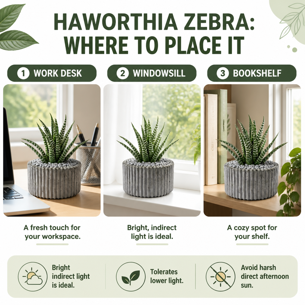 Haworthia Zebra placement guide: work desk, windowsill and bookshelf